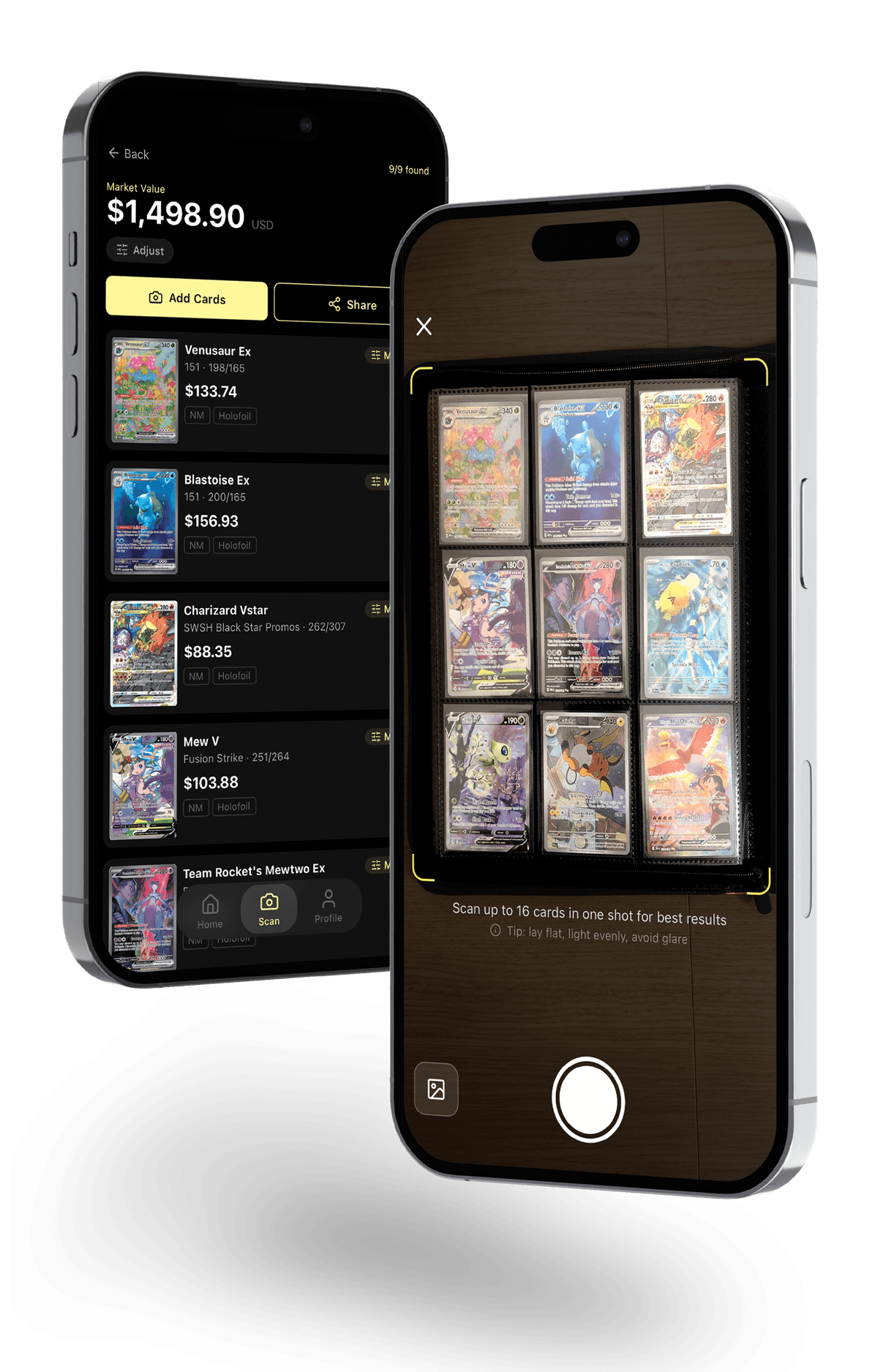 Two phone screens showing Rocketrader - one scanning nine Pokémon cards in a binder page, the other listing the identified cards with their market prices totaling $1,498.90