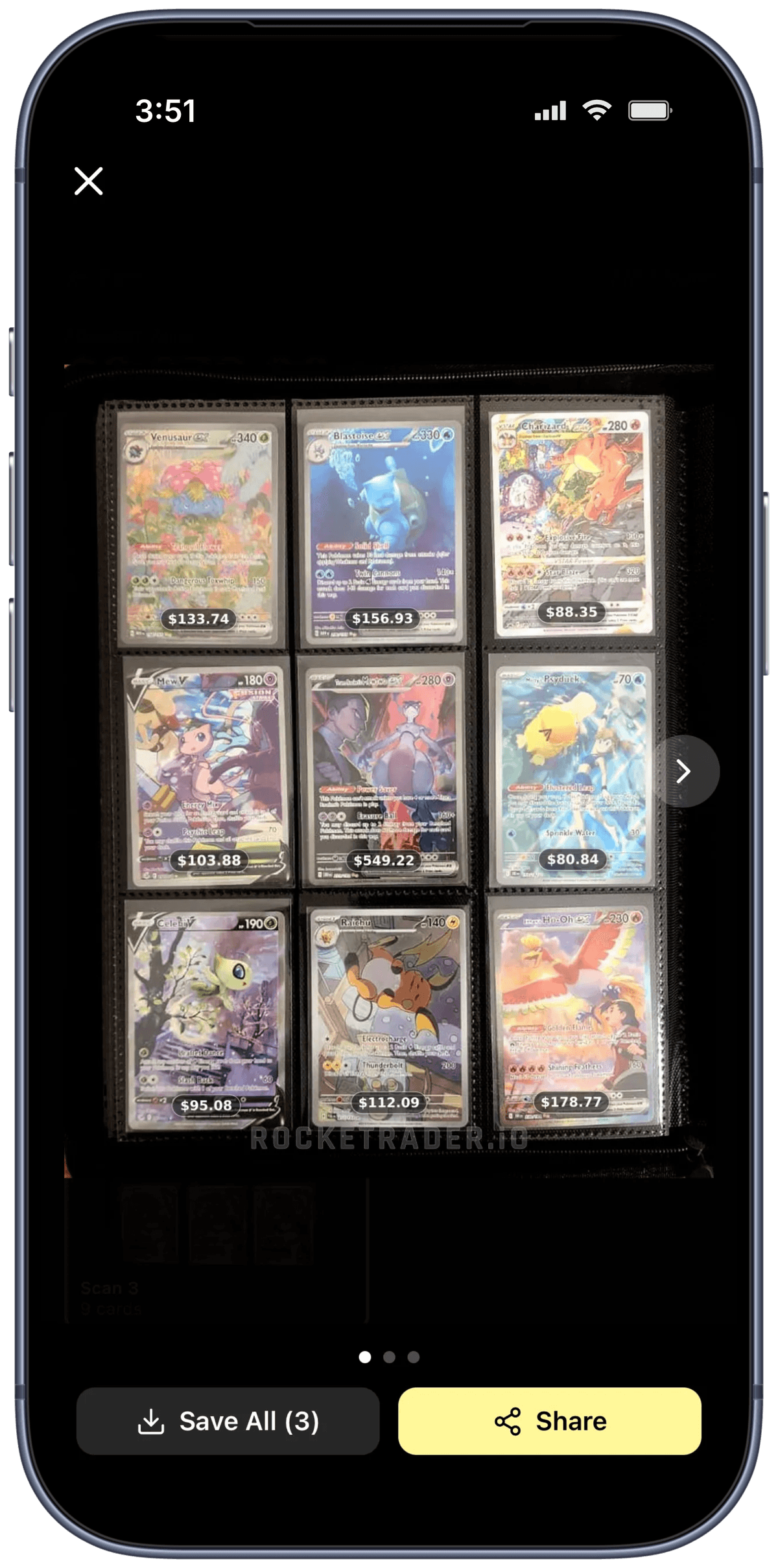 Rocketrader Export view - exported scan with prices overlaid on each card, ready to save or share
