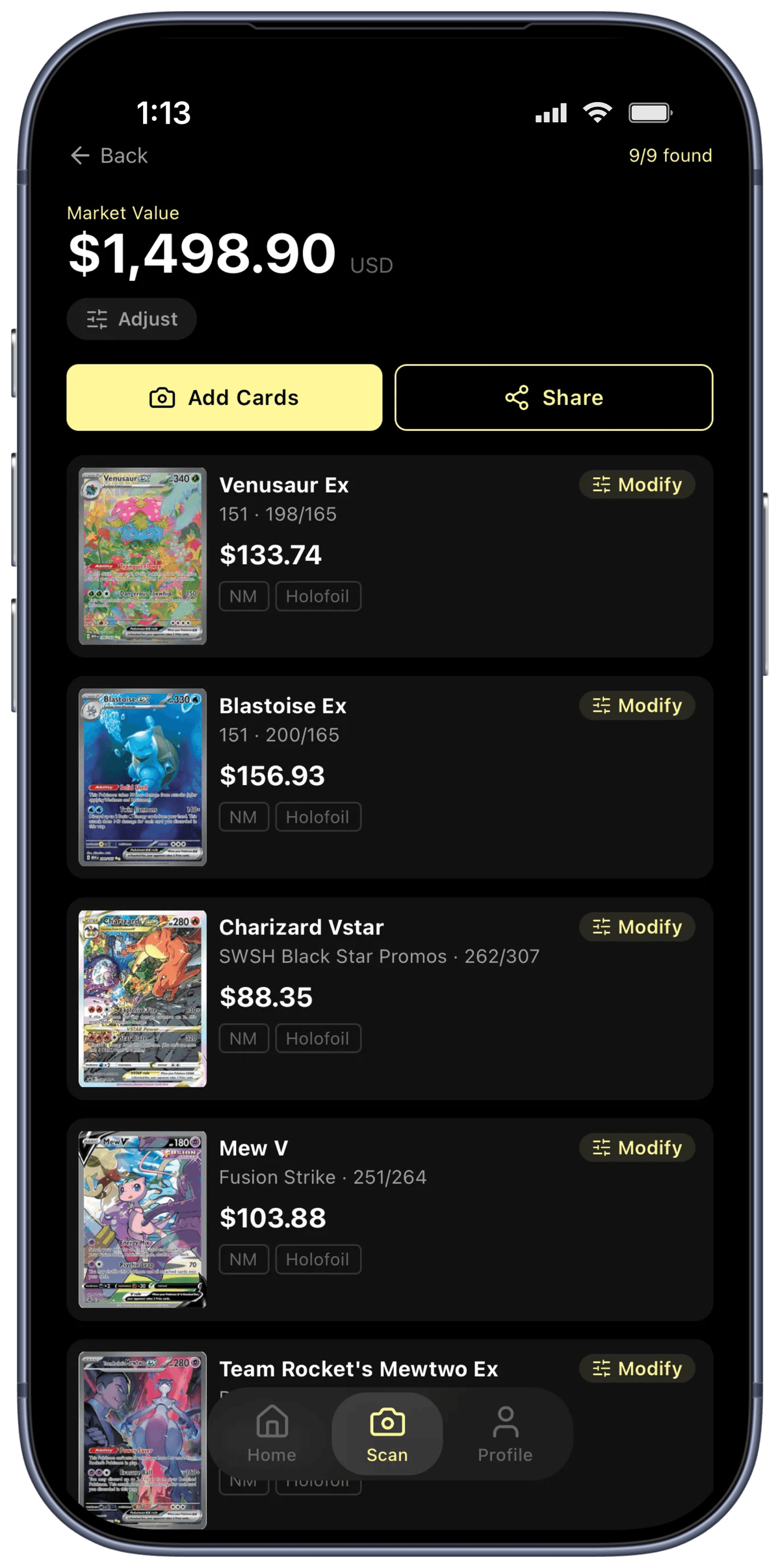 Rocketrader Results view - list of identified cards with prices and a total market value